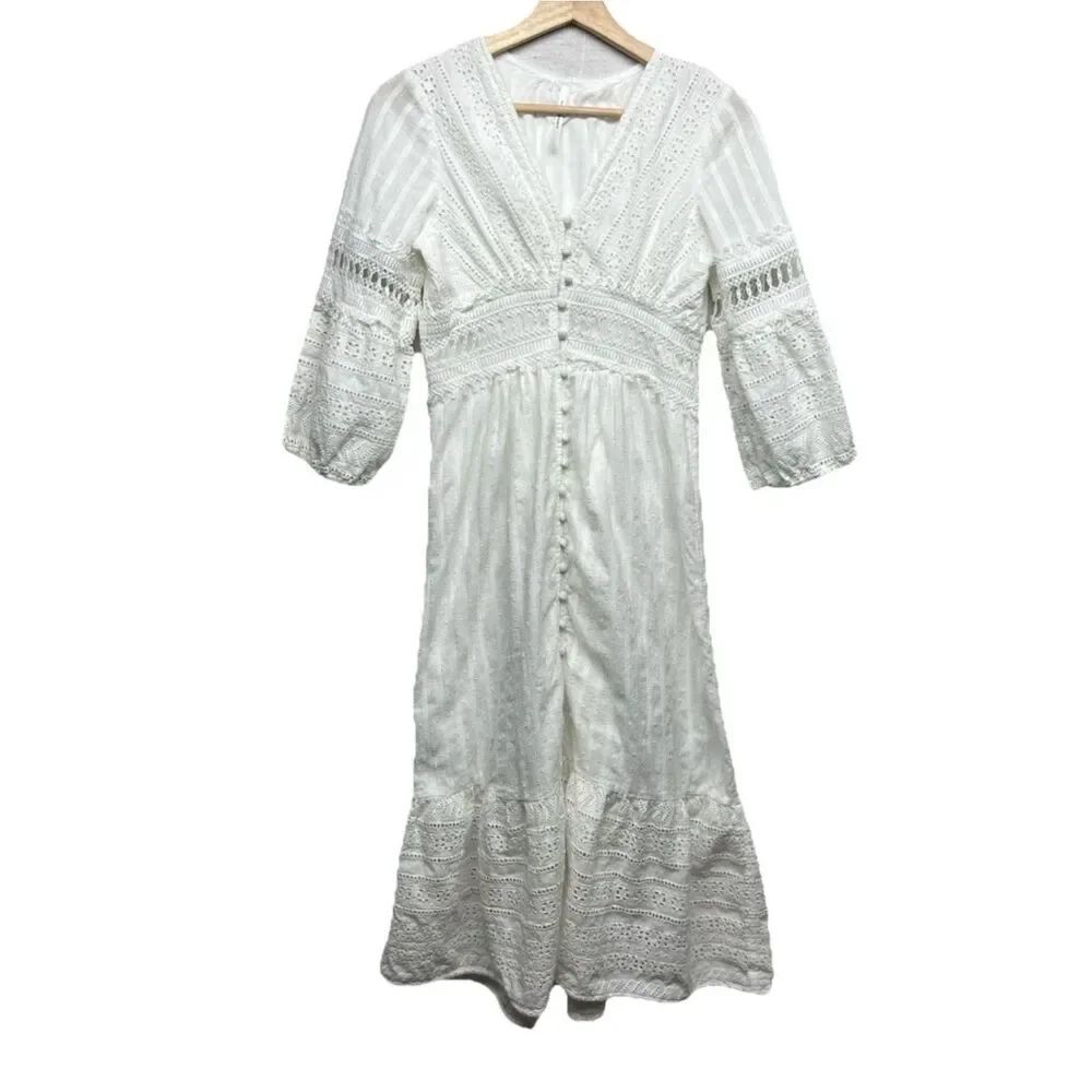 Anthropologie Ebba White Eyelet Midi Dress Size 0 - Picture 4 of 8